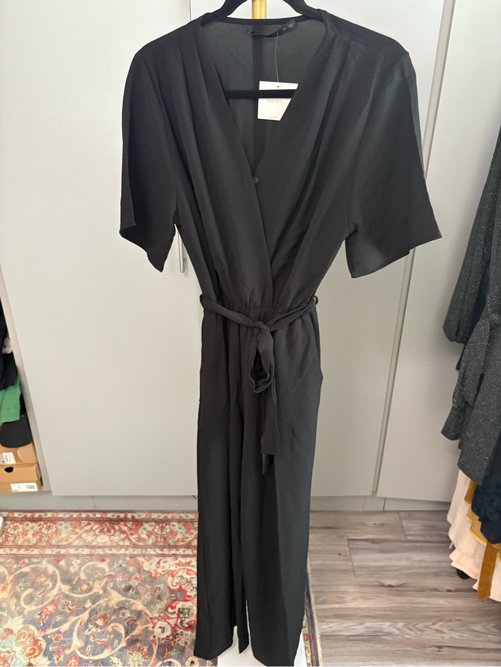 Black Short-Sleeve Wrap Jumpsuit with Belt